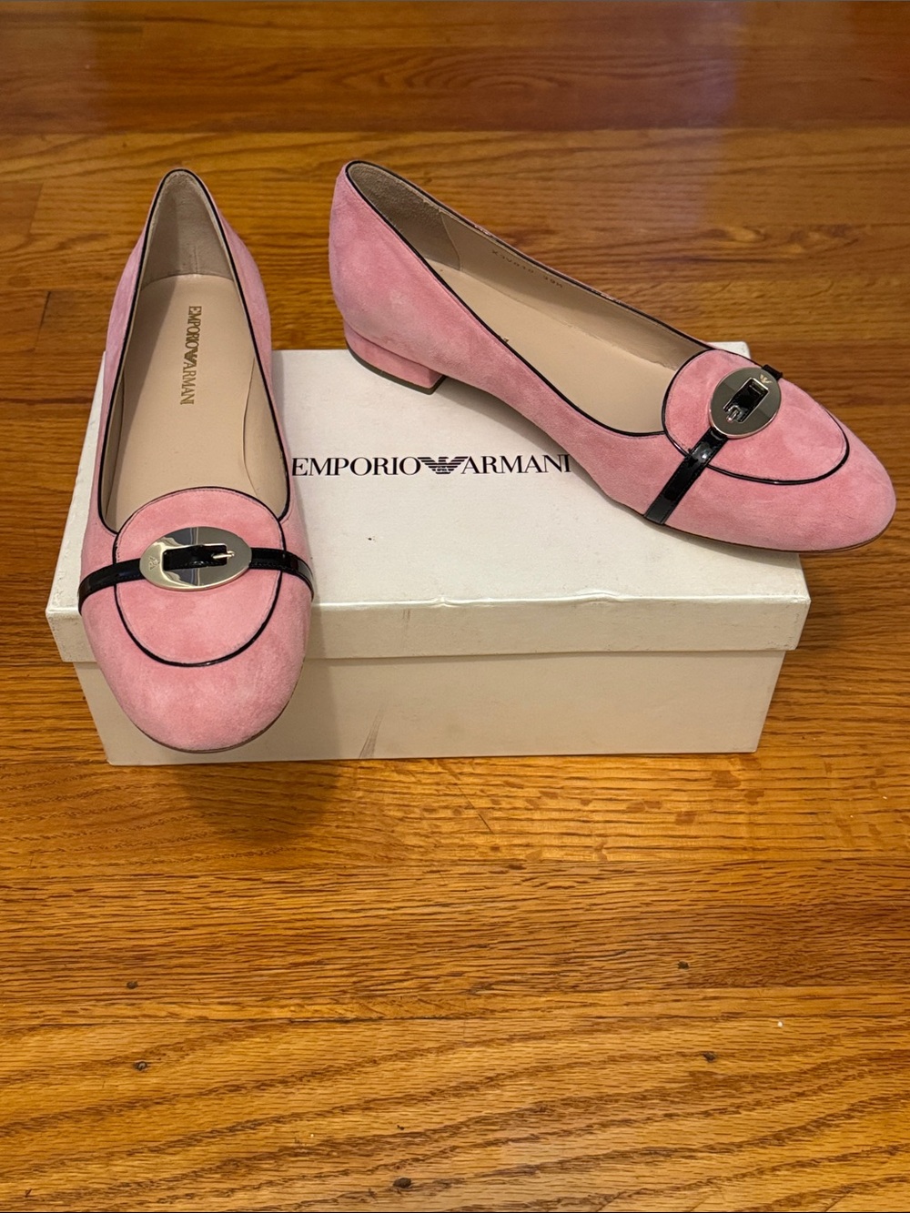 Emporio Armani Pink Suede Loafers with Black Trim & Silver Buckle